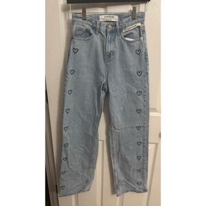 KIMHEKIM | Light Wash Denim Jeans Heart Embroidery Straight Leg Size S